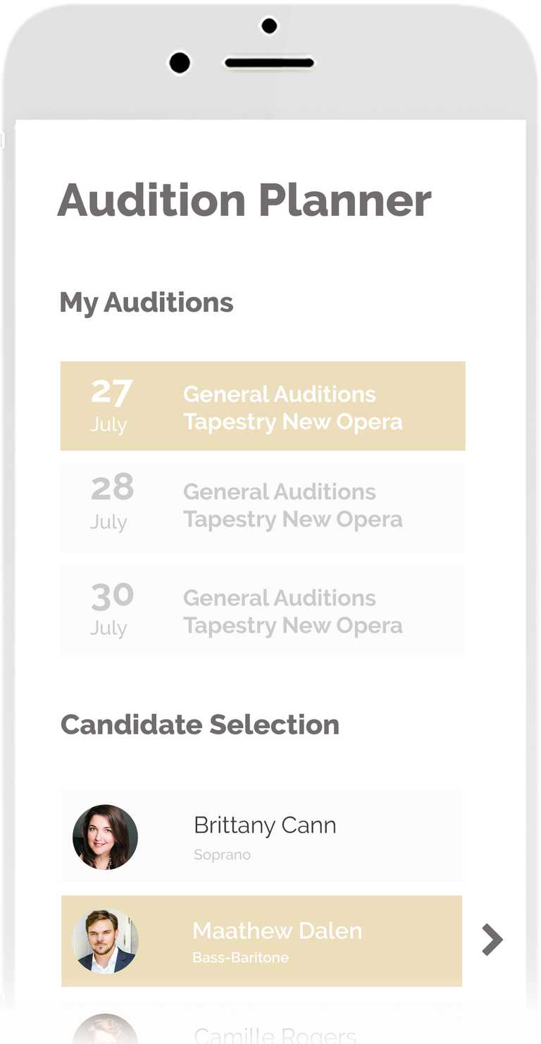 An 'Audition Planner' screen in the Artist.Center app showing a singer's upcoming auditions.